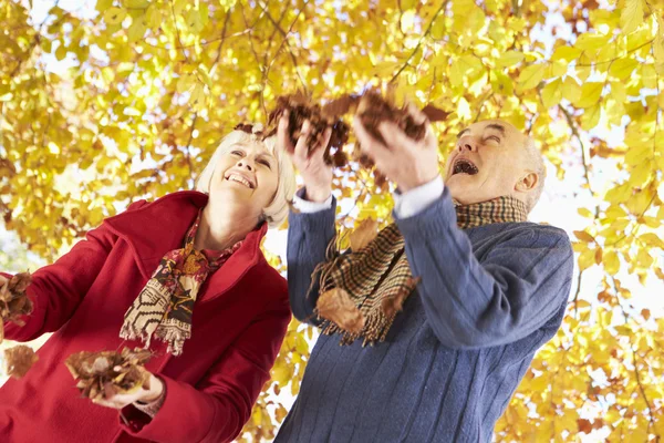 Starší pár házel listí do vzduchu — Stock fotografie