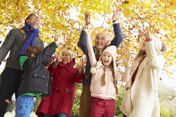 Familie gooien van bladeren In de herfst tuin — Stockfoto