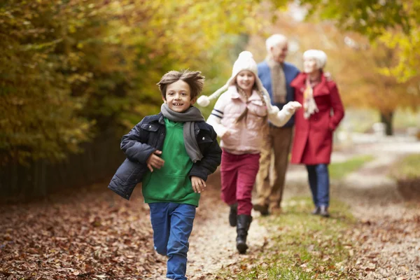 Nonni con nipoti Correre nel parco — Foto Stock