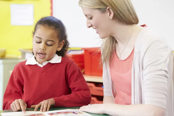 Leraar leerling te helpen met het oefenen van lezen — Stockfoto