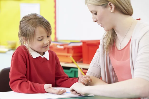 Teacher Helping Pupil With Practicing Writing — Stock Photo, Image