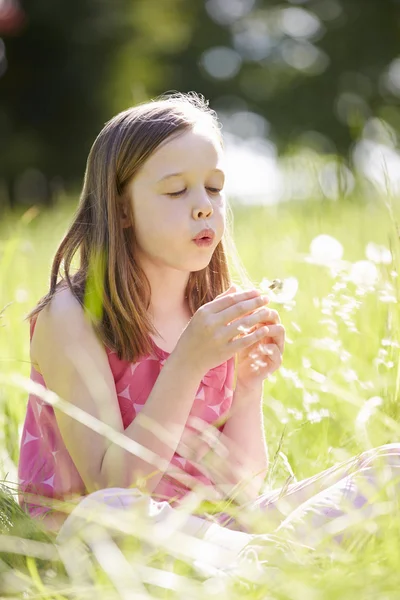 タンポポ属の植物を吹く少女 — ストック写真