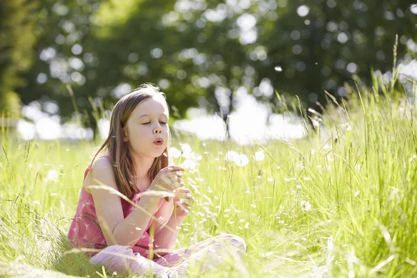 Ragazza che soffia dente di leone pianta — Foto Stock