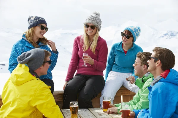 Amici che si godono un drink alla stazione sciistica — Foto Stock