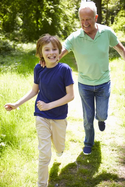Grandfather With Grandson Running Through Countryside Stock Picture