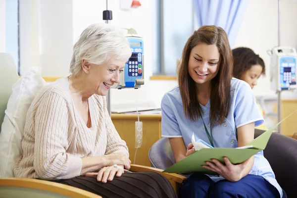 Senior kvinna som genomgår kemoterapi med sjuksköterska — Stockfoto