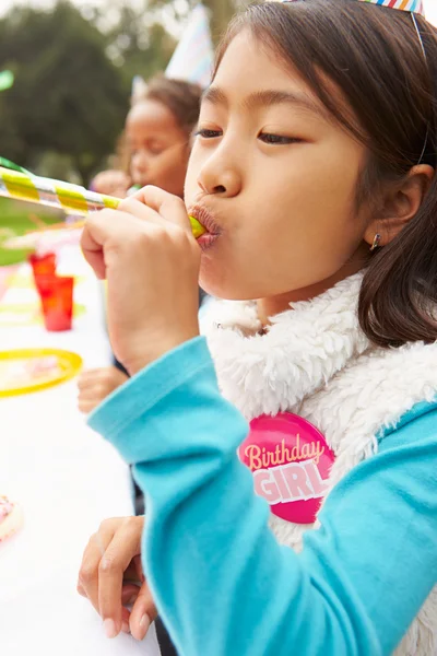 Girl With Blower At Birthday Party — Stock Photo, Image