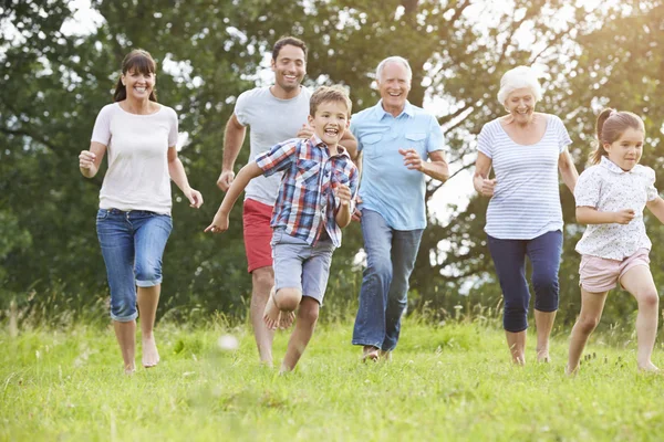 Familjen löper över fältet — Stockfoto