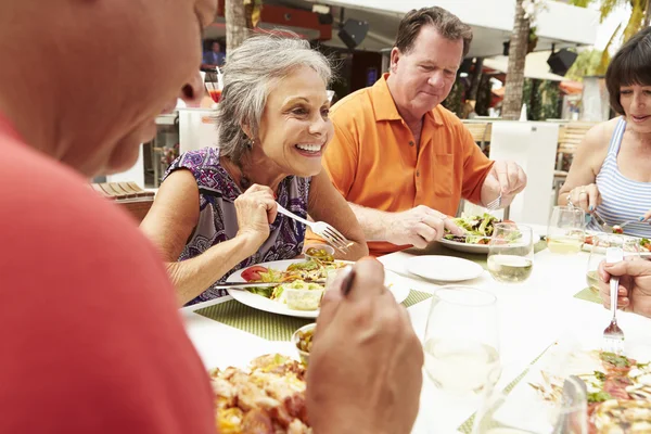 Senior vänner njuter måltid i restaurang — Stockfoto