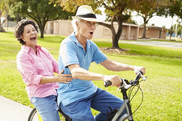 Seniorenpaar fährt Fahrrad im Park — Stockfoto