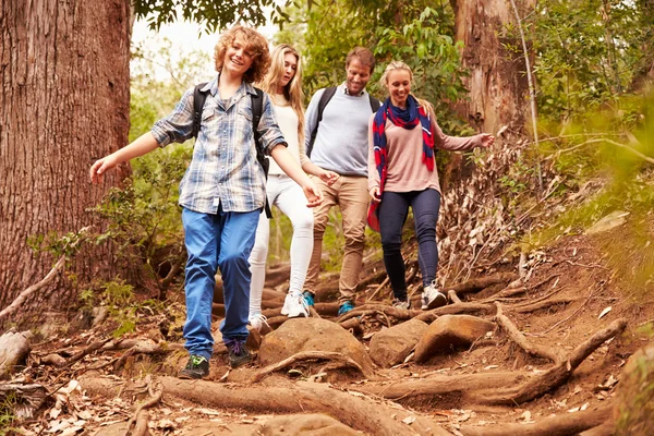 Familjen vandring genom skogen — Stockfoto