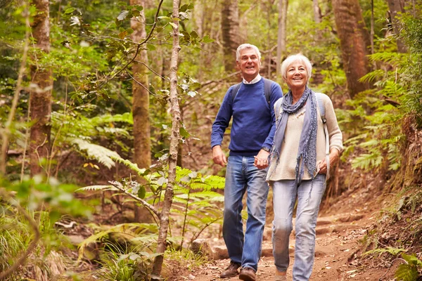 Heureux couple de personnes âgées en forêt — Photo