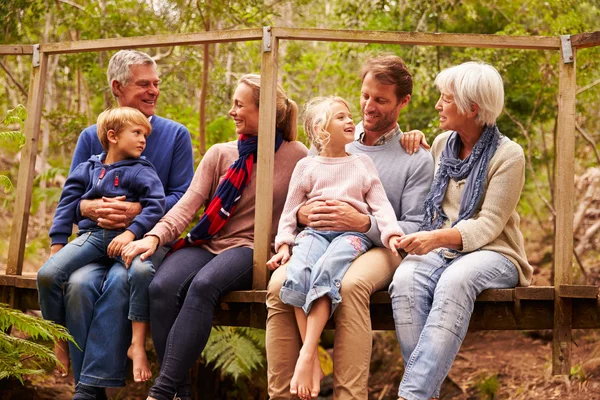 Família conversando na ponte na floresta — Fotografia de Stock