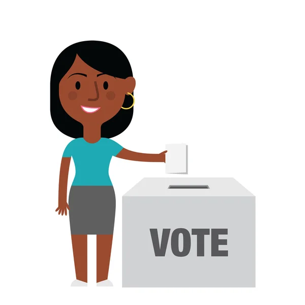 Personaje femenino votando en urnas — Vector de stock