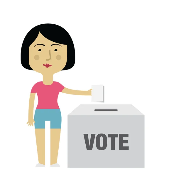 Kvinnlig karaktär sätta omröstning i valurnorna — Stock vektor