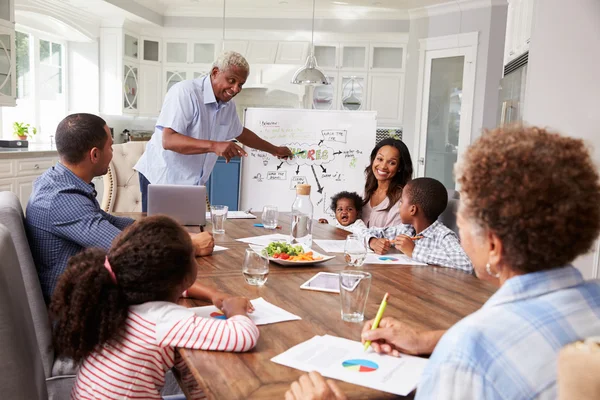 Granfather presenting at family home meeting — Stock Photo, Image