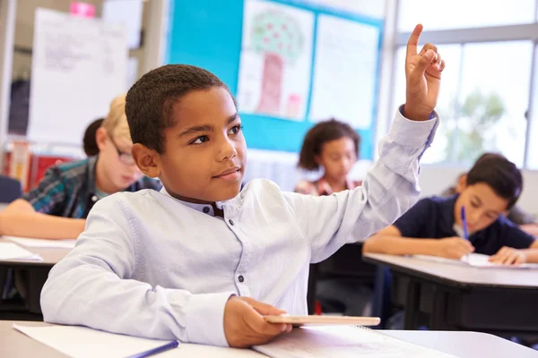 Rapaz a levantar a mão na aula da escola — Fotografia de Stock