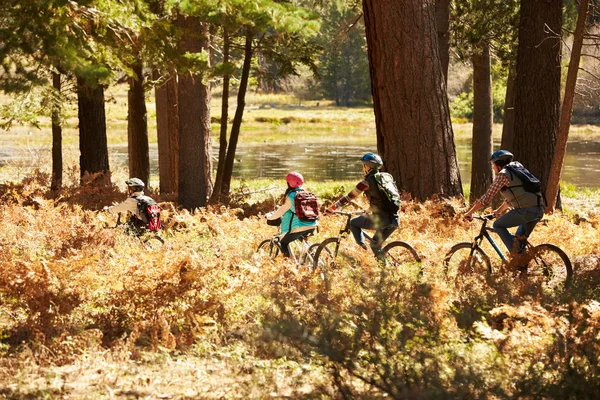 Family mountain biking past lake — Stock Photo, Image