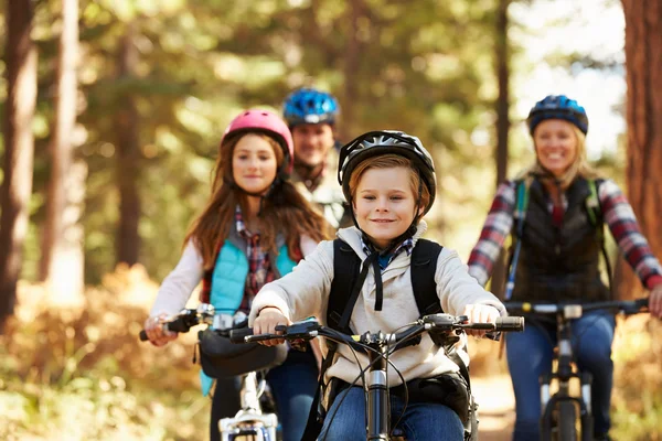 가족 산 숲 가신에 자전거를 타기 — 스톡 사진
