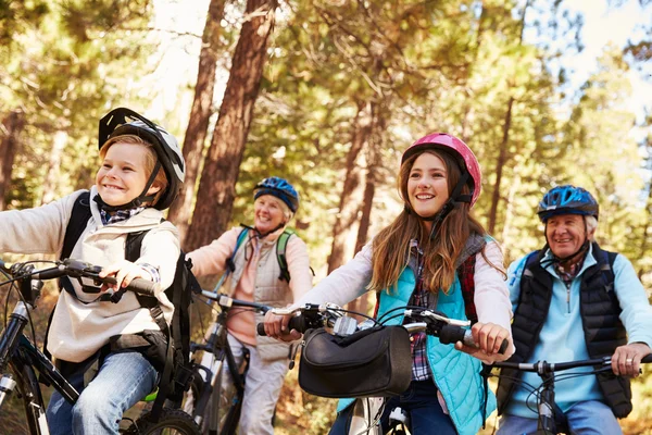 Nonni e nipoti in bicicletta sul sentiero forestale — Foto Stock