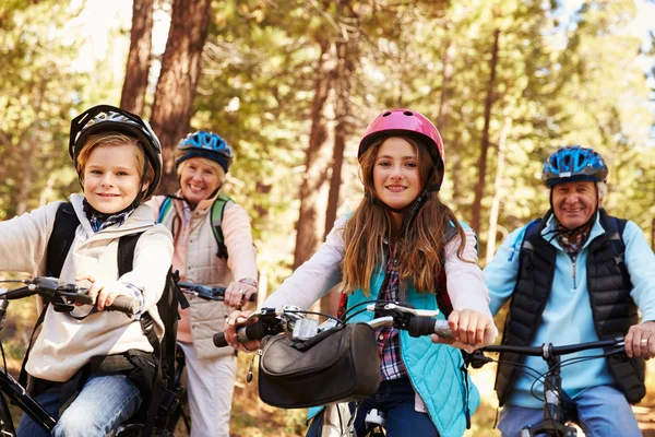 Avós e netos pedalando em trilha florestal — Fotografia de Stock