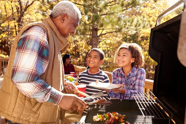 Großeltern mit Kindern grillen — Stockfoto