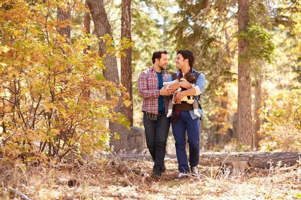 Pareja masculina con bebé caminando en el bosque —  Fotos de Stock