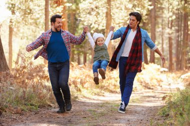 Male Couple With Daughter Walking in Woodland clipart