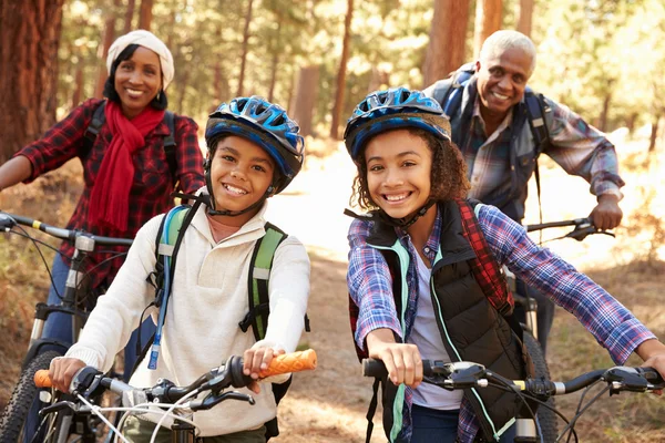 Nonni con bambini in bicicletta attraverso il bosco — Foto Stock