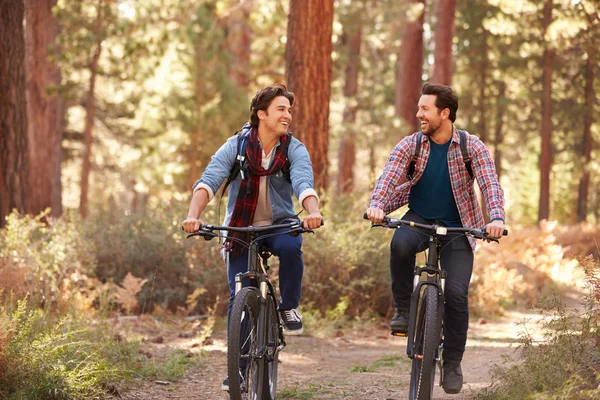 Male Couple Cycling Through Woodland — Stock Photo, Image