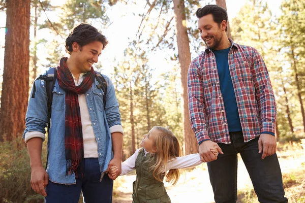 Casal masculino com filha andando em Woodland — Fotografia de Stock