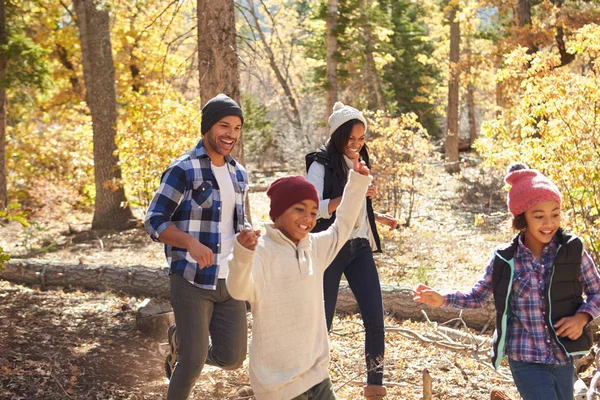 Familie spaziert durch Herbstwald — Stockfoto