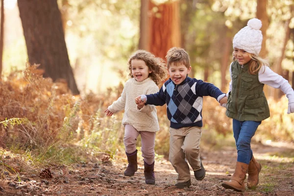 Niños corriendo por el camino en el bosque — Foto de Stock