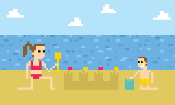 Crianças construindo castelo de areia na praia — Vetor de Stock