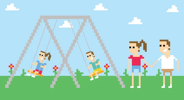 Οικογένεια παίζει πάνω σε κούνιες στο πάρκο — Διανυσματικό Αρχείο