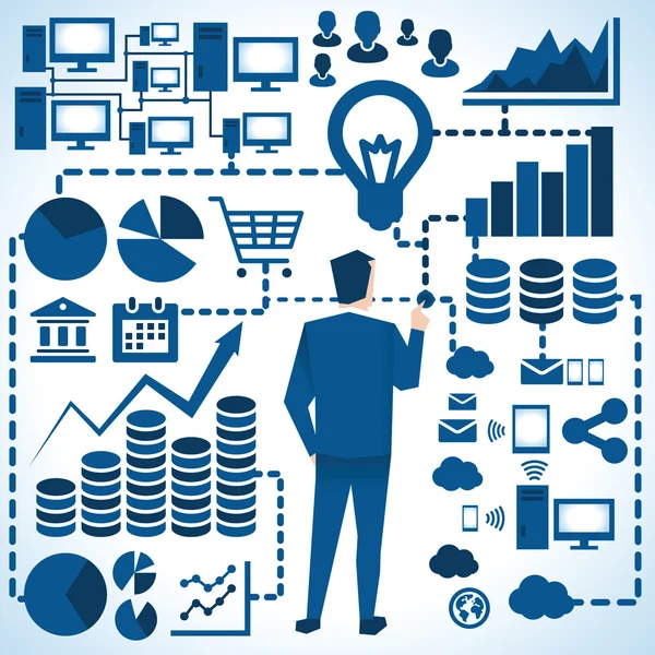 Empresario rodeado de gráficos empresariales — Archivo Imágenes Vectoriales