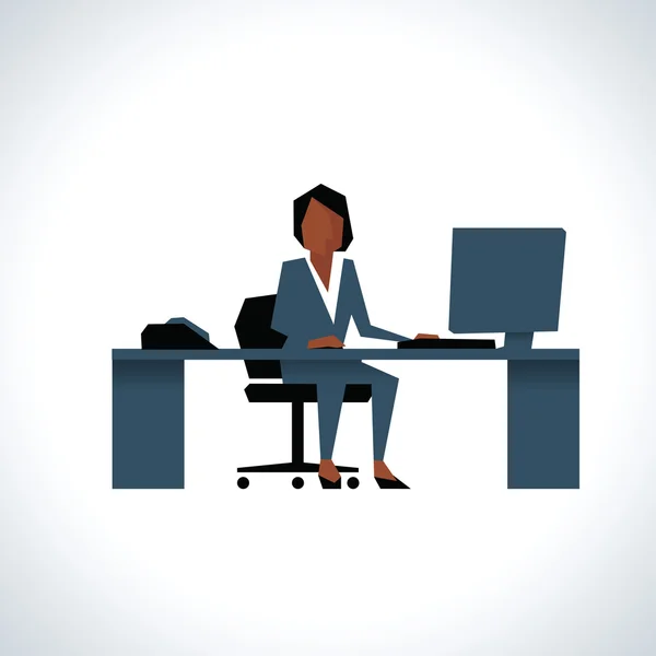Geschäftsfrau sitzt mit Computer am Schreibtisch — Stockvektor