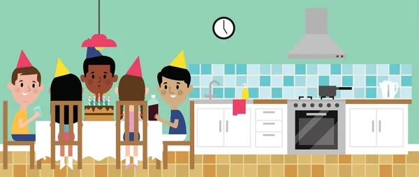 Niños celebrando cumpleaños en la cocina — Vector de stock