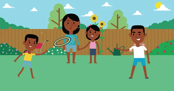 Famille jouer avec frisbee dans le jardin — Image vectorielle