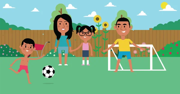 Familie spielt Fußball im Garten — Stockvektor