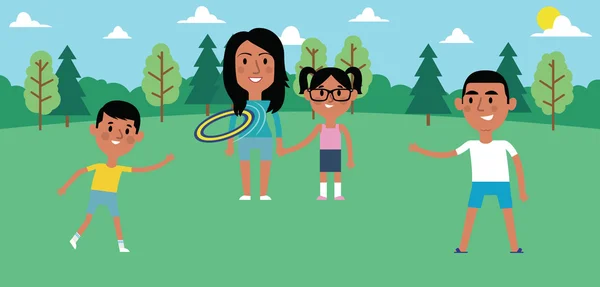 Famille jouer avec frisbee dans le parc — Image vectorielle