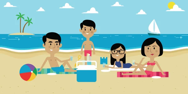 Família desfrutando de piquenique na praia — Vetor de Stock