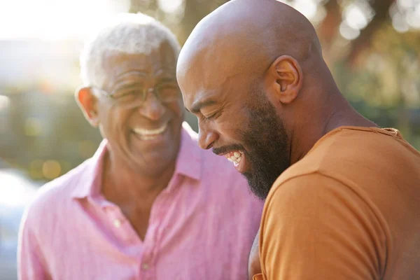 Senior Vater Talking Und Lachen Mit Erwachsenem Sohn Garten Bei — Stockfoto