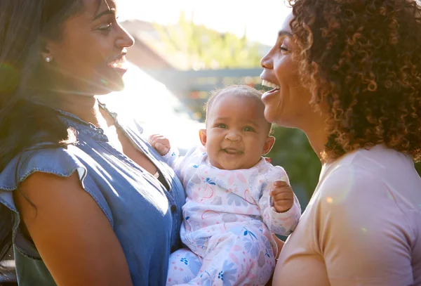 Grandmother Adult Daughter Baby Granddaughter Playing Garden Home Together — Stock Photo, Image