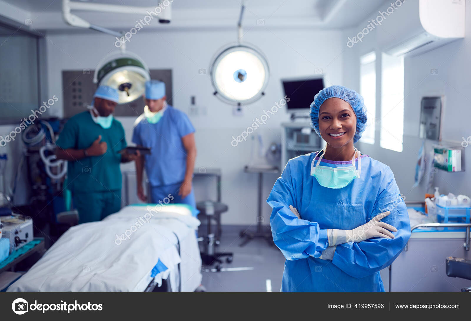 Portrait Female Surgeon Wearing Scrubs Protective Glasses Hospital
