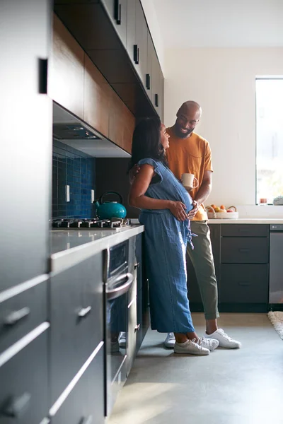 Loving African American Husband Pregnant Wife Home Kitchen Together — Stok Foto