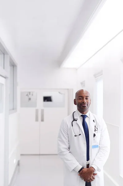 Retrato Maduro Masculino Médico Vestindo Branco Casaco Hospital Corredor — Fotografia de Stock