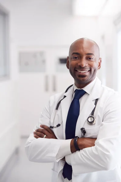 Porträt Eines Reifen Männlichen Arztes Mit Weißem Mantel Krankenhausflur — Stockfoto