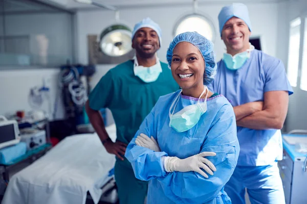 Portrait Multi Cultural Surgical Team Standing Hospital Operating Theater — 스톡 사진