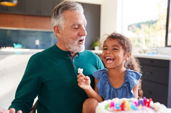Neta Celebra Aniversário Com Avô Colocando Creme Bolo Seu Nariz — Fotografia de Stock